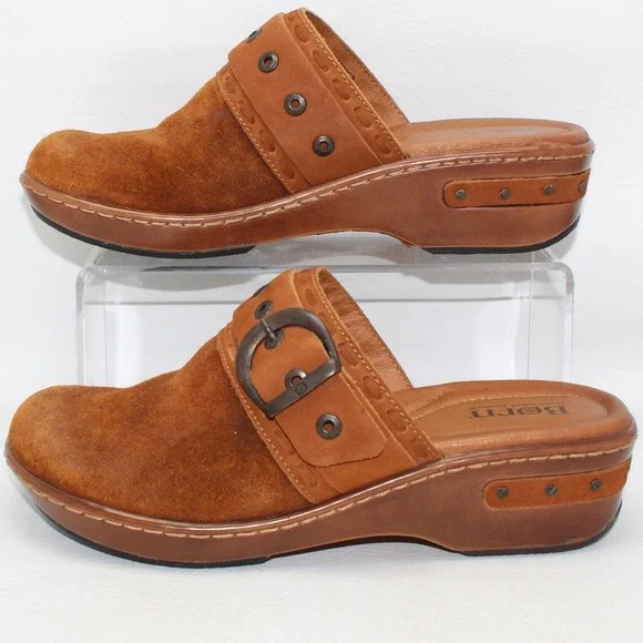 Born Womens 8 Brown Suede Leather Buckle Clogs Mules Platform Wedge  NWOB - Picture 7 of 9